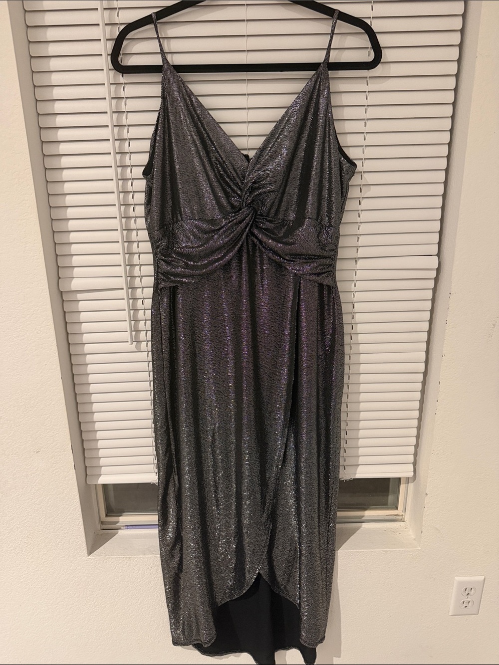 Metallic Charcoal Twist-Front Spaghetti Strap Dress